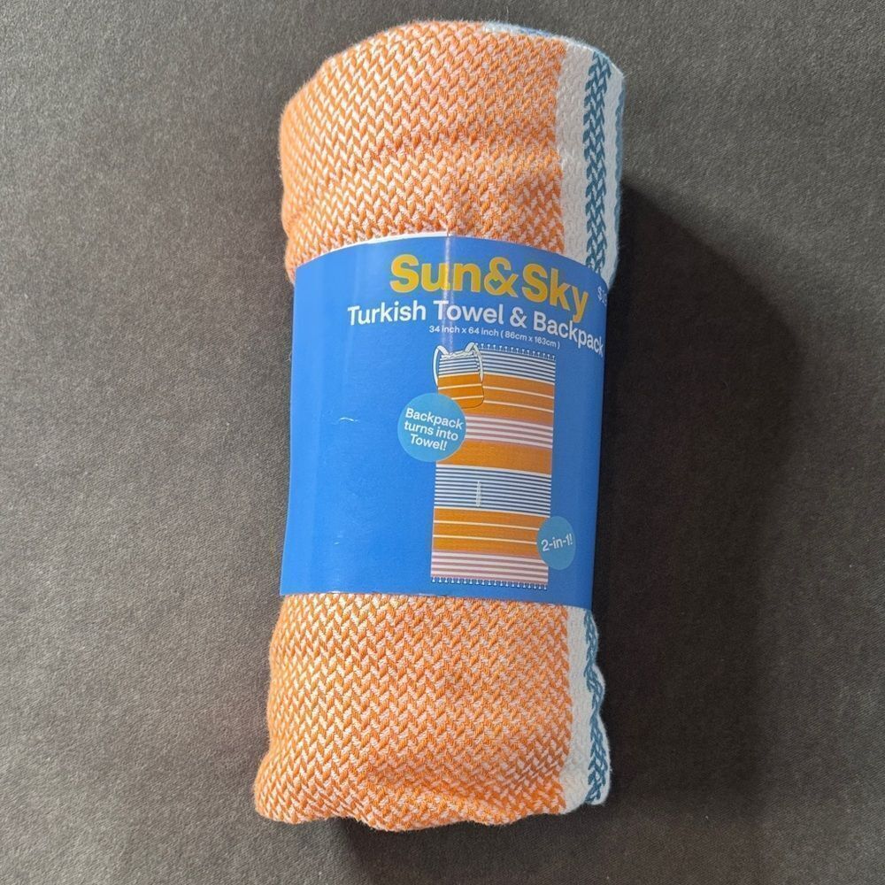 Sun & Sky Turkish Towel Backpack 2-in-1 Orange Blue Pink 34”x64” 100% Cotton NEW